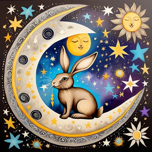 Prompt: Celestial Bohemian art brown  grey bunny, sun,moon, stars, blue purple yellow white