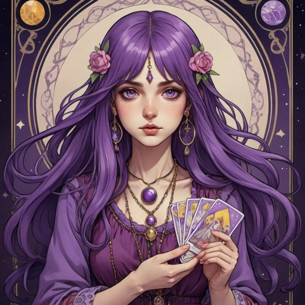 Prompt: tarot card Anime illustration, gypsy girl, purple long hair, bunny