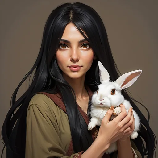 Prompt: Woman, long black hair, olive skin, mage, holding one brown rabbit with brown eyes