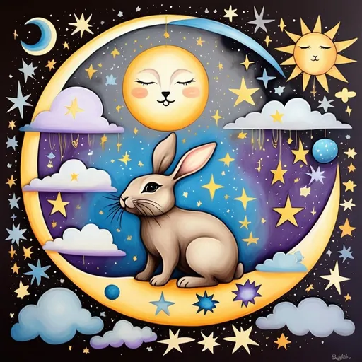 Prompt: Celestial Bohemian art brown  grey bunny, sun,moon, stars, clouds, blue purple yellow white