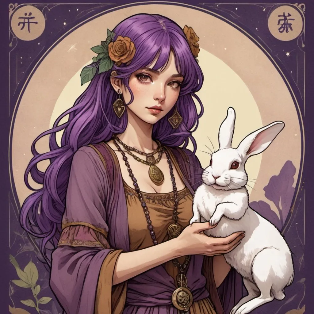 Prompt: tarot card Anime illustration, a purple hair woman, Earth tone colored gypsy style clothing, holding rabbit 