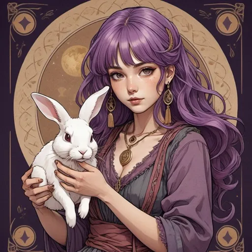 Prompt: tarot card Anime illustration, a purple hair woman, Earth tone colored gypsy style clothing, holding rabbit 