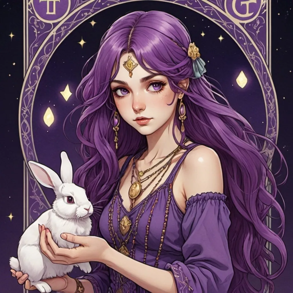 Prompt: tarot card Anime illustration, gypsy girl, purple long hair, bunny