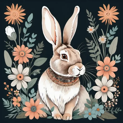 Prompt:  boho art with rabbit and flowers 
