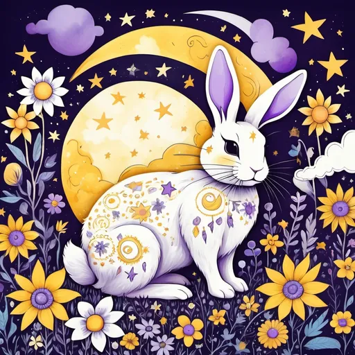 Prompt: Sun, moon, stars, clouds, flowers, celestial , blue, purple, yellow, white, Bohemian art style,  bunny, 
