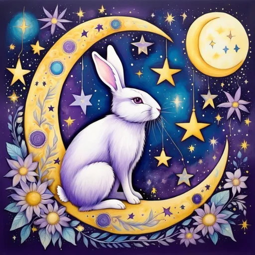 Prompt: Celestial Bohemian art bunny, moon, stars, blue purple yellow 