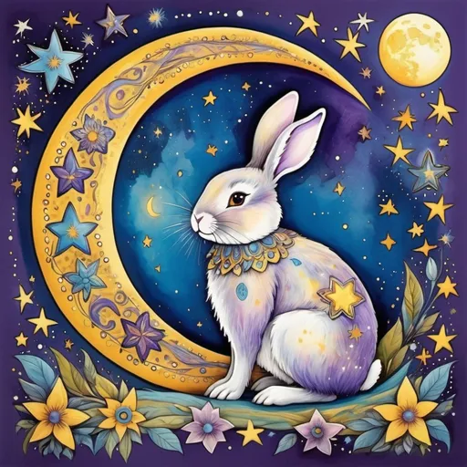 Prompt: Bohemian art bunny, moon, stars, blue purple yellow 