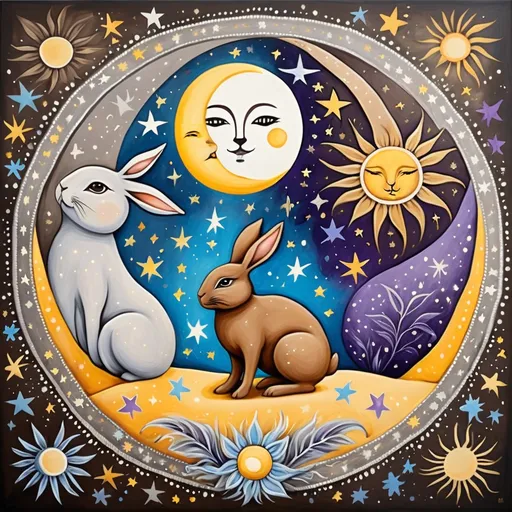 Prompt: Celestial Bohemian art brown  grey bunny, sun,moon, stars, blue purple yellow white