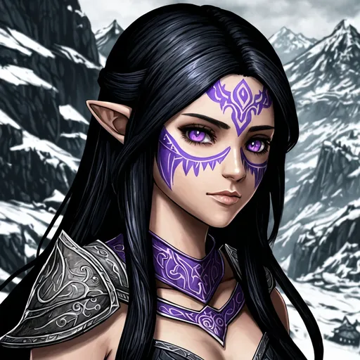 Prompt: anime, girl, detailed,long black hair, purple eyes, face paint,very detailed, Skyrim