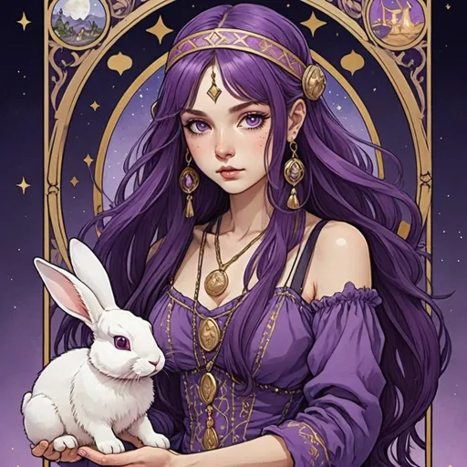 Prompt: tarot card Anime illustration, gypsy girl, purple long hair, bunny