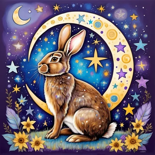 Prompt: Celestial Bohemian art brown bunny, moon, stars, blue purple yellow white