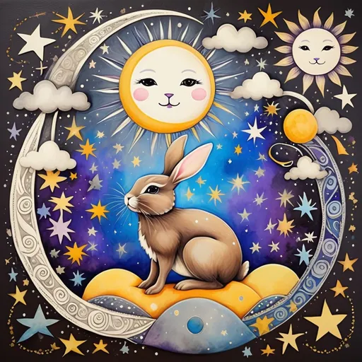 Prompt: Celestial Bohemian art brown  grey bunny, sun,moon, stars, clouds, blue purple yellow white