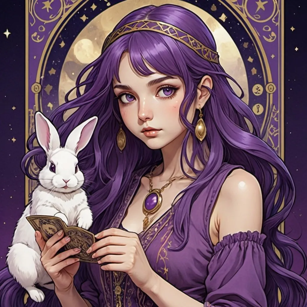 Prompt: tarot card Anime illustration, gypsy girl, purple long hair, bunny