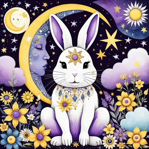 Prompt: Sun, moon, stars, clouds, flowers, celestial , blue, purple, yellow, white, Bohemian art style,  bunny, 