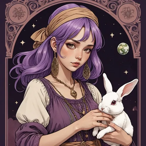 Prompt: tarot card Anime illustration, a purple hair woman, Earth tone colored gypsy style clothing, holding rabbit 