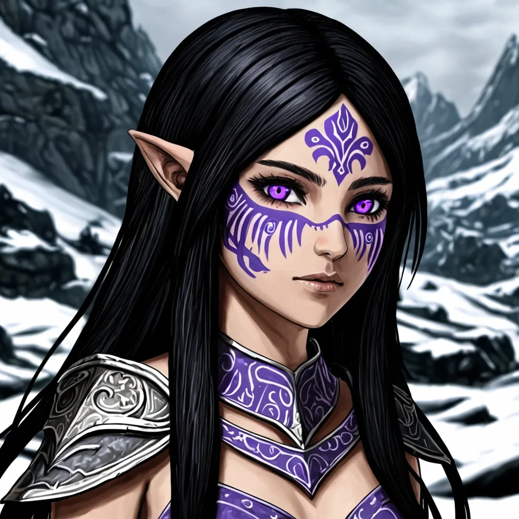 Prompt: anime, girl, detailed,long black hair, purple eyes, face paint,very detailed, Skyrim