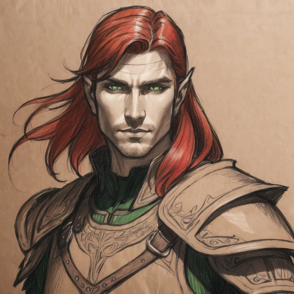 Prompt: sketch male human, black thief's armor ,green eyes, red Long hair, on light Brown paper, Skyrim  art, pencil detail texture