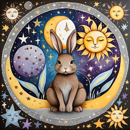 Prompt: Celestial Bohemian art brown  grey bunny, sun,moon, stars, blue purple yellow white