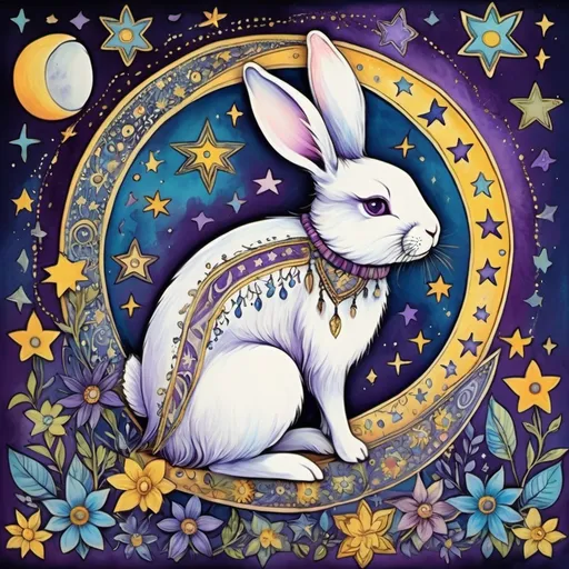 Prompt: Bohemian art bunny, moon, stars, blue purple yellow 