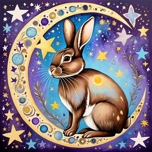 Prompt: Celestial Bohemian art brown bunny, moon, stars, blue purple yellow white