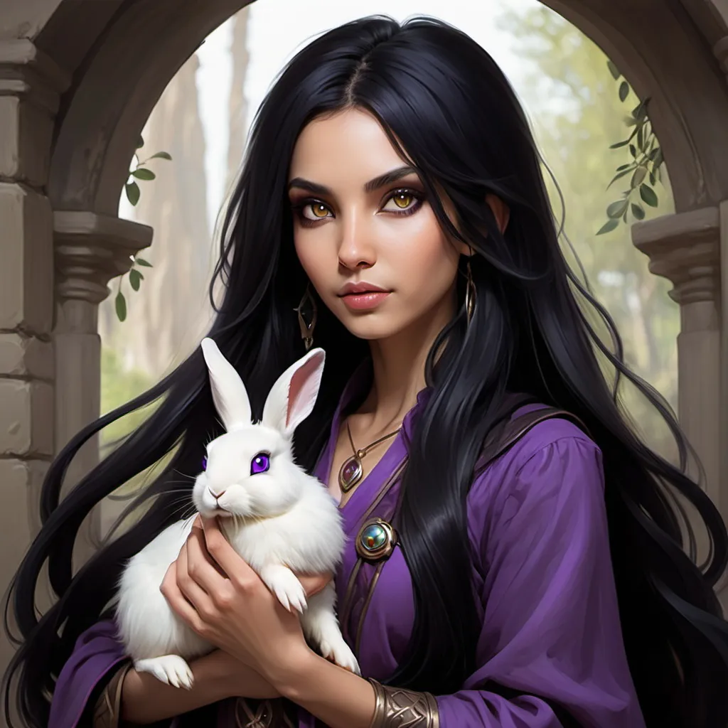 Prompt: Woman mage, long black hair, olive skin, purple eyes, holding rabbit