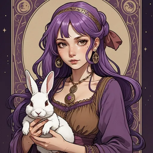 Prompt: tarot card Anime illustration, a purple hair woman, Earth tone colored gypsy style clothing, holding rabbit 