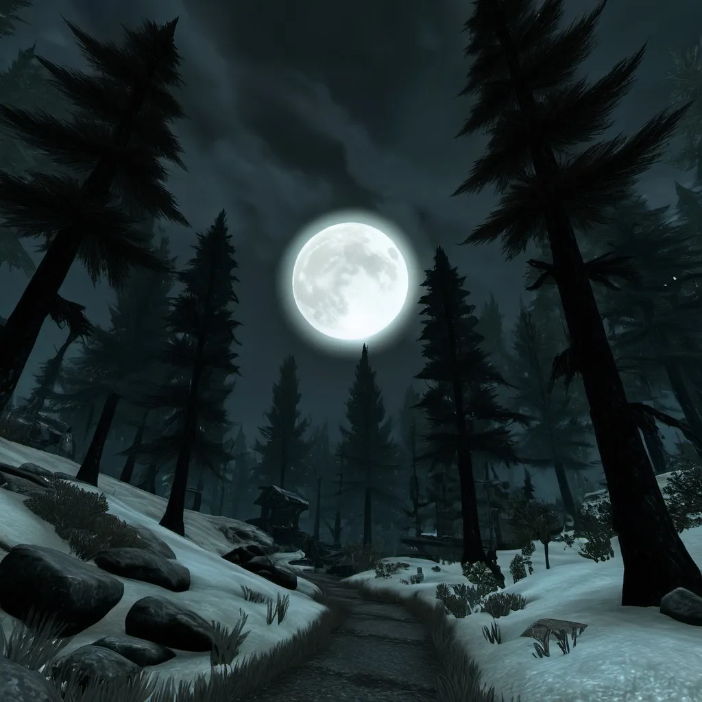 Prompt: Skyrim Brynjolf Forest at night full moon