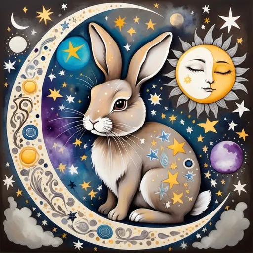 Prompt: Celestial Bohemian art brown  grey bunny, sun,moon, stars, blue purple yellow white