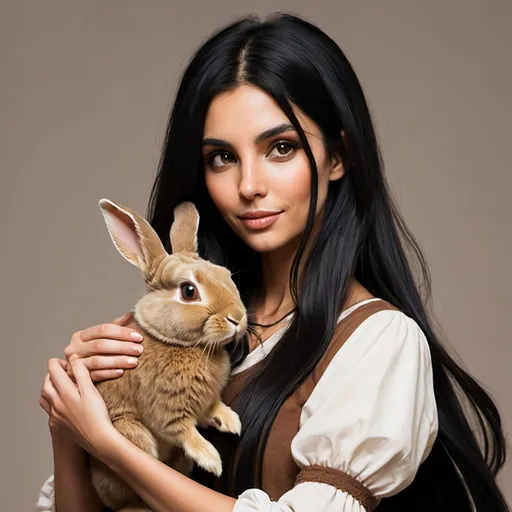 Prompt: Woman, long black hair, olive skin, mage, holding one brown bunny