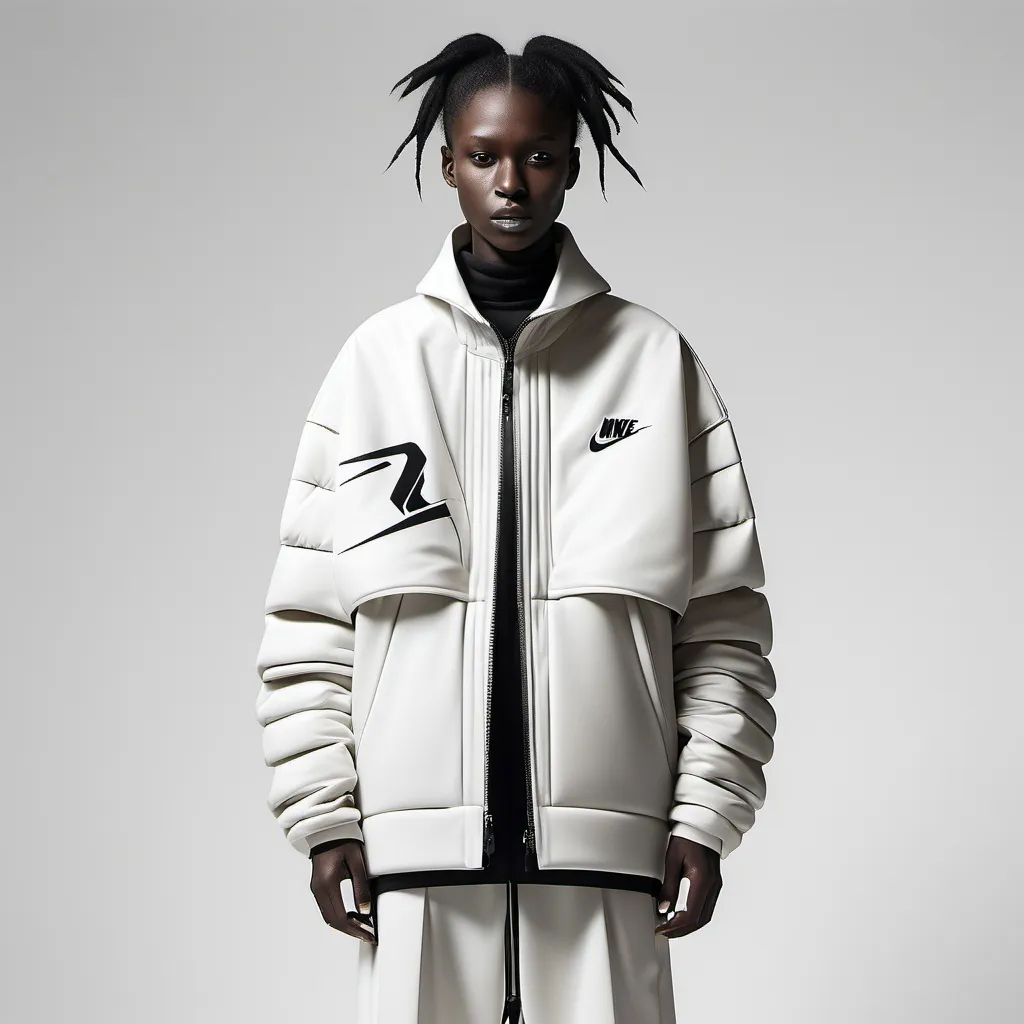 Prompt: create a 3d jacket that mixes the concept of a nike nocta collaboration with rick Owens concepts infused in the design making it a luxurious jacket