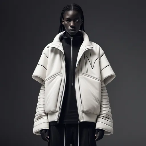 Prompt: create a 3d jacket that mixes the concept of a nike nocta collaboration with rick Owens concepts infused in the design making it a luxurious jacket