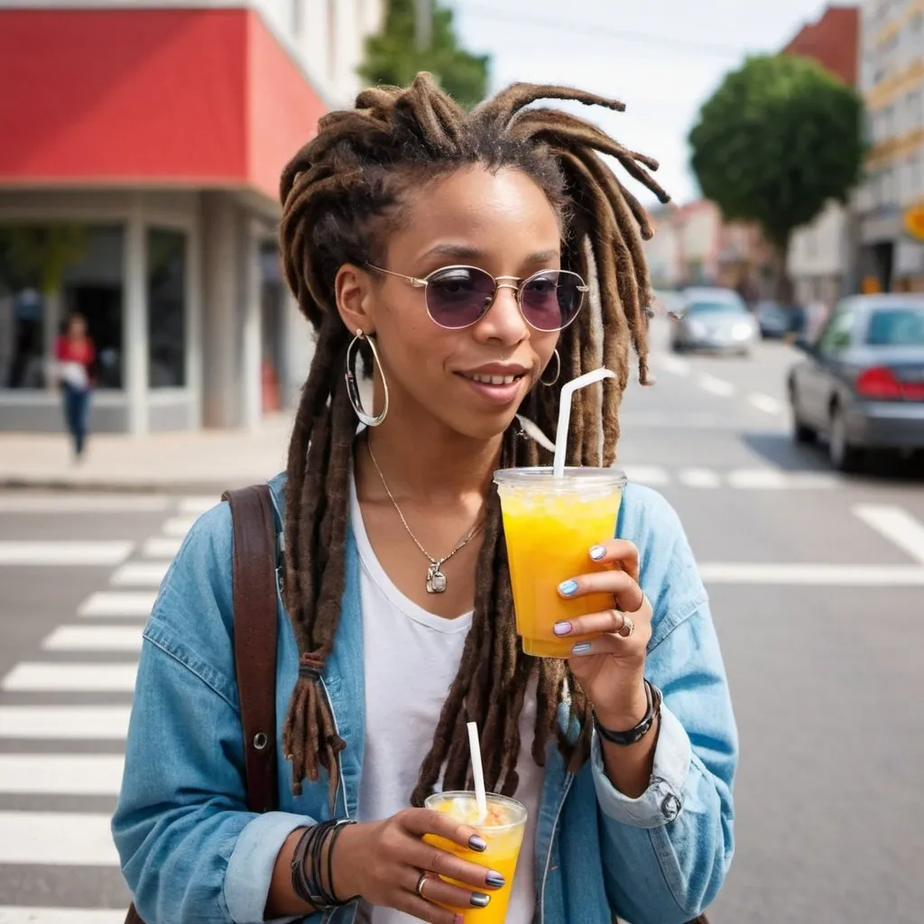 Prompt: A lovely young woman with dreadlocks sipping a cooldrink while crossing the street listening music on her mobile phone