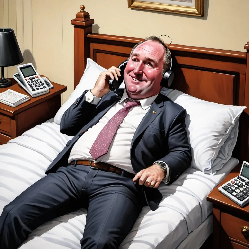 Prompt: cartoon painted caricature of Barnaby Joyce lying down on his bed in a suit talking into his mobile by speaker phone