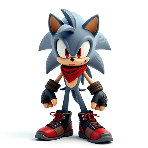 Prompt: A dynamic, anthropomorphic Sonic the Hedgehog character, reimagined as a silver wolf, stands poised with an edgy, confident demeanour, sporting striking hair bangs that cascade downwards, skilfully highlighting streaks of deep navy blue throughout. His gloved hands are clad in sleek, black, fingerless gloves, complemented by rugged, brown and black shoes, exuding a touch of rebellious charm. His piercing, crimson red eyes gleam with intensity, while a bold, red bandana wraps snugly around his neck, adding a pop of vibrant colour to his overall ensemble. Every element of this character's design blends seamlessly, creating a striking, high-energy visual persona that embodies the spirit of the iconic Sonic the Hedgehog. 3d image