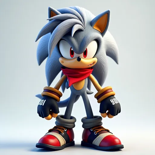 Prompt: A dynamic, anthropomorphic Sonic the Hedgehog character, reimagined as a silver wolf, stands poised with an edgy, confident demeanour, sporting striking hair bangs that cascade downwards, skilfully highlighting streaks of deep navy blue throughout. His gloved hands are clad in sleek, black, fingerless gloves, complemented by rugged, brown and black shoes, exuding a touch of rebellious charm. His piercing, crimson red eyes gleam with intensity, while a bold, red bandana wraps snugly around his neck, adding a pop of vibrant colour to his overall ensemble. Every element of this character's design blends seamlessly, creating a striking, high-energy visual persona that embodies the spirit of the iconic Sonic the Hedgehog. 3d image