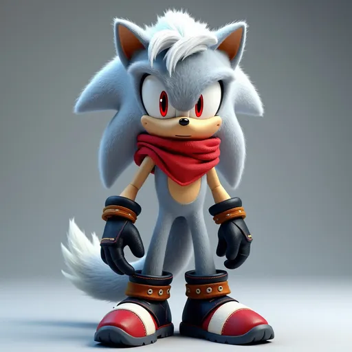 Prompt: A dynamic, anthropomorphic Sonic the Hedgehog character, reimagined as a silver wolf, stands poised with an edgy, confident demeanour, sporting striking hair bangs that cascade downwards, skilfully highlighting streaks of deep navy blue throughout. His gloved hands are clad in sleek, black, fingerless gloves, complemented by rugged, brown and black shoes, exuding a touch of rebellious charm. His piercing, crimson red eyes gleam with intensity, while a bold, red bandana wraps snugly around his neck, adding a pop of vibrant colour to his overall ensemble. Every element of this character's design blends seamlessly, creating a striking, high-energy visual persona that embodies the spirit of the iconic Sonic the Hedgehog. 3d image