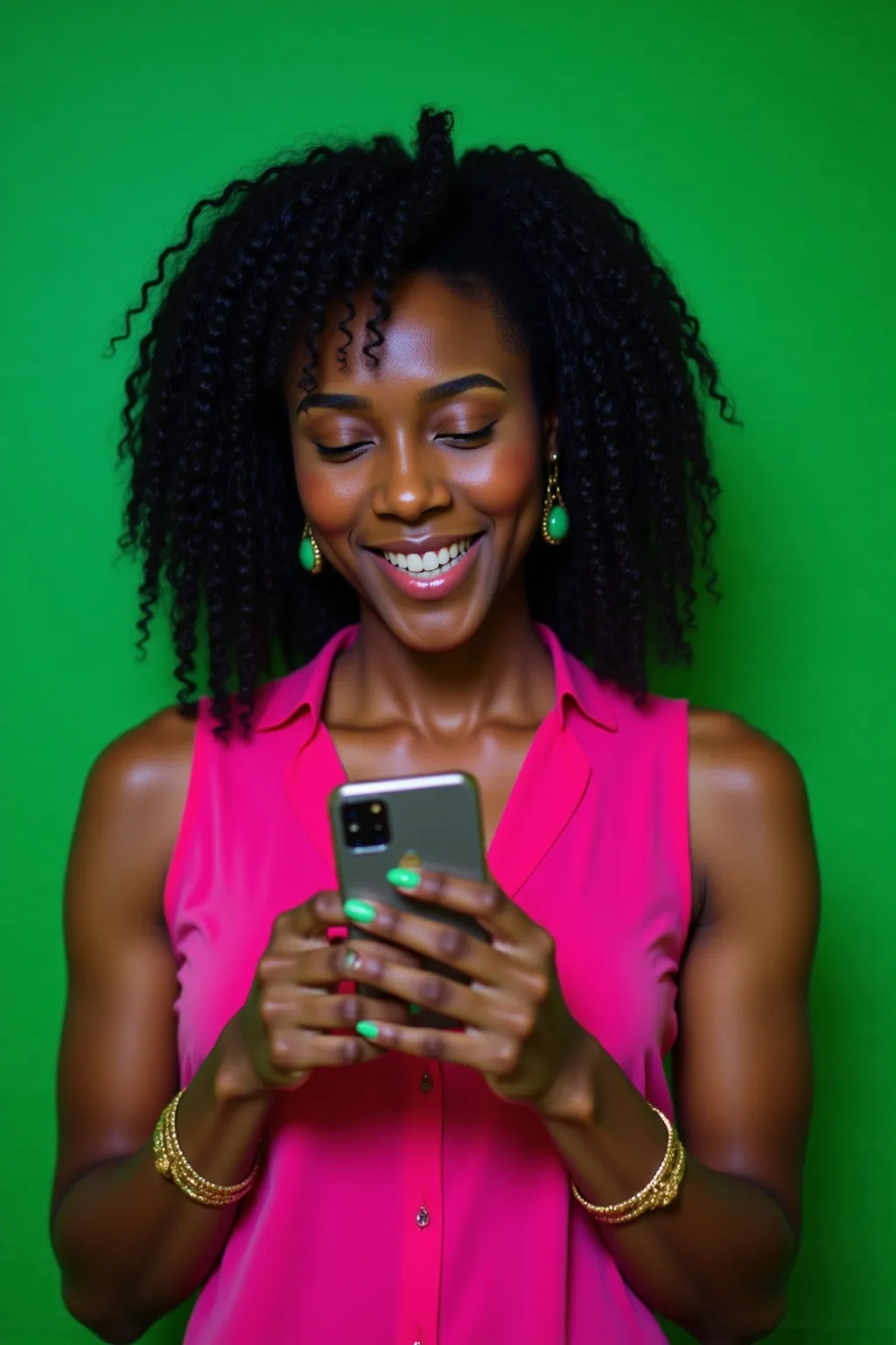 Prompt:  @dEFPoOJ9S7FqloC8pFSk looks down at her phone with a happy expression, her face lighting up with joy. Background color #0F8A4F