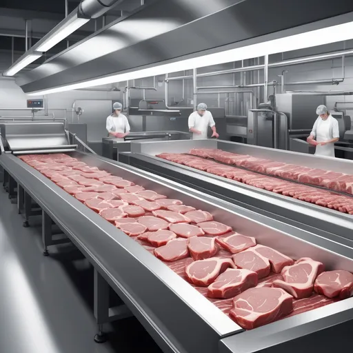 Prompt: photorealistic image of a meat processing line with a silver and dark grey colour scheme.
