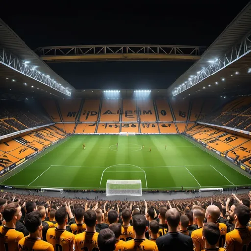 Prompt: (well-designed scoreboard "Wolverhampton 2 - 0 Manchester United"), (dynamic sports scene), intense rivalry, roaring crowd, stadium lights illuminating the field, vibrant team colors, emotional expressions of fans, thrilling atmosphere, ultra-detailed players celebrating, crisp details, high-definition, capturing the essence of competition and passion in football.