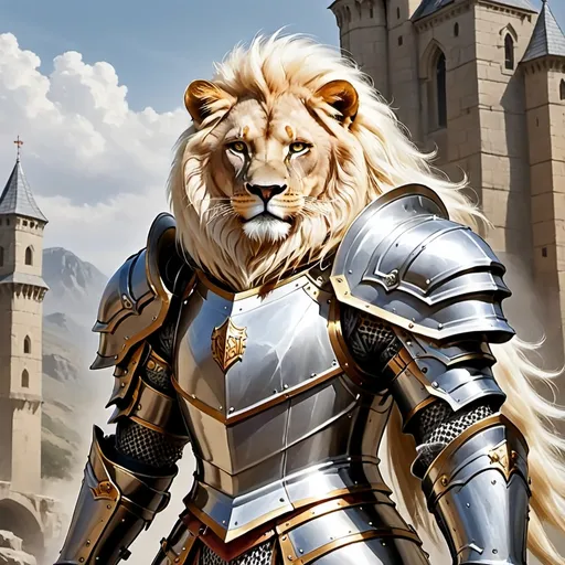 Prompt: Leonin race white mane in paladin Armor