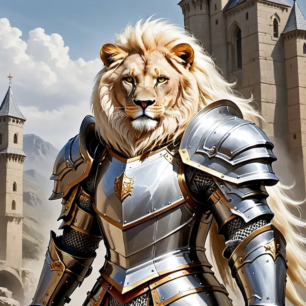 Prompt: Leonin race white mane in paladin Armor