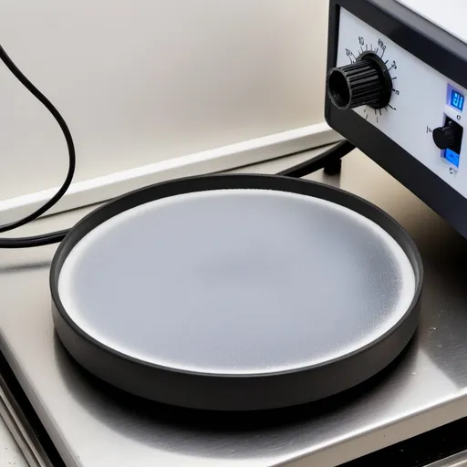 Prompt: hotplate at 70 degrees C
 heating a petri dish containing a mixture of silicon base rubber material with iron particles spread out uniformly across the petri dish. Make it simple