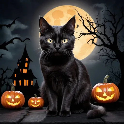 Prompt: a cat on a scary Halloween night
