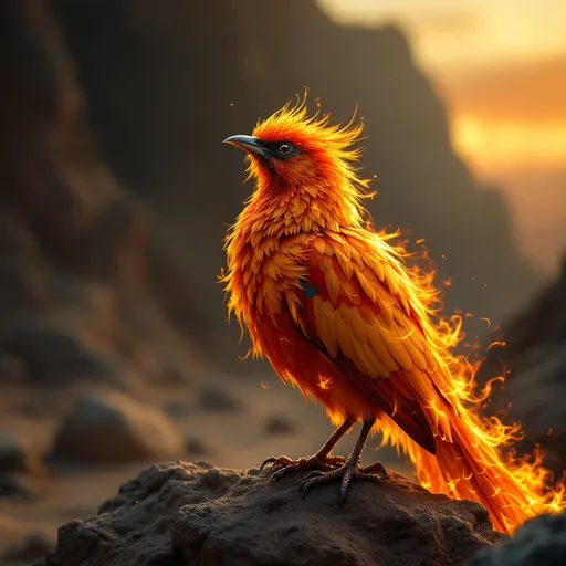 Prompt: 

- **"Phoenix bird"**  
- **"Small fiery bird"**  
- **"Flaming feathers"**  
- **"Perched on finger"**  
- **"Fantasy creature"**  
- **"Glowing firebird"**  
- **"Mythical animal with flames"**  
- **"Detailed, vibrant colors"**  
- **"Realistic fire effect"**  
- **"Magical atmosphere, warm lighting"**

