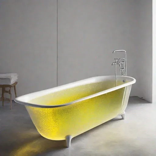 Prompt: a bathtub filled with a yellow iridescent liquid
