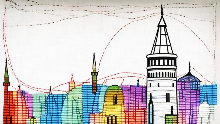 Prompt: this image made as lines from sewing thread in colors with clear Galata tower shape