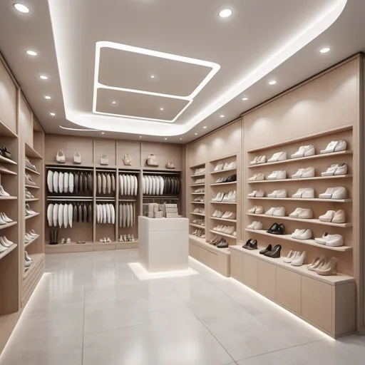 Prompt: Design for me pictures of gypsum board for the store of two floors shoes and bags with artificial intelligence to be realistic and wonderful