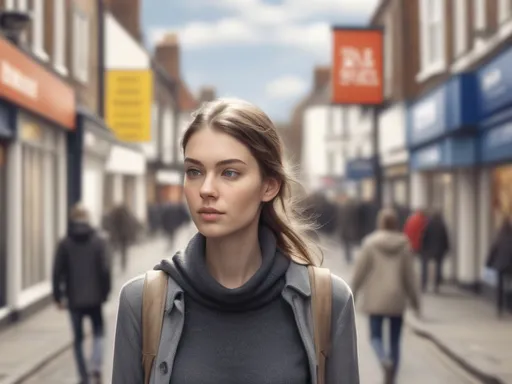 Prompt: Tall young woman walking down the high street, detailed clothing, realistic, natural lighting