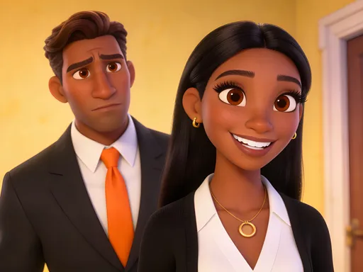 Prompt: This is a digital CGI image featuring two characters from a 3D animated film. The character on the left is a man with medium-dark skin, brown eyes, and short brown hair, styled neatly. He is wearing a dark suit jacket over a white dress shirt, paired with a bright orange tie. His facial expression is serious, with slightly furrowed eyebrows and a closed mouth.

The character on the right is a woman with a darker skin tone and long, straight black hair that flows past her shoulders. She has large, expressive brown eyes with long lashes, and she is smiling broadly, showing white teeth. She is wearing a white blouse with a V-neck, a black cardigan, and a gold necklace with a circular pendant. Her earrings are small and gold.

The background is slightly blurred but shows a warm, yellowish wall with a door frame visible on the right side. The lighting is soft and warm, suggesting an indoor setting. The overall style of the image is clean and polished, typical of modern 3D animated films. The characters are positioned closely together, with the man slightly behind and to the left of the woman, who is facing forward and slightly to the right.