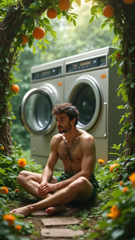 Prompt: Create a vertical portrait image of the biblical Adam sitting comfortably in the middle of a lush, green garden. Add a mystical touch with various fruit trees and vibrant flowers surrounding him to represent the classic setting of Eden. Ensure Adam is depicted with short hair and wearing a simple ivy leaf garb. 

In the background, seamlessly integrate an industrial laundry facility. Depict the large, metallic machines off to the side with an open door, showing clothes gently tumbling inside. Using natural colors such as beige and silver for the machines will help them blend into the garden environment while providing contrast.

This industrial area should feel as a part of the garden, with vines and leaves curling around the edges of the metal machines. Some clothes should be hung on a vine, softly flapping in the breeze. Include hints of detergent bubbles floating around, adding a magical touch that ties the scene together. The goal is to blend the 'Adam' and 'Landry' elements into one harmonious scene where both the biblical and industrial aspects naturally coexist.

make the face of Adam to look like this person: https://media.licdn.com/dms/image/v2/D4E03AQEmjNzIOWCI7w/profile-displayphoto-shrink_800_800/profile-displayphoto-shrink_800_800/0/1665509916633?e=1752105600&v=beta&t=diomgVuxMoDh4sMvlAevP4xpie5Qm5GqzDVkPpmA4Tw